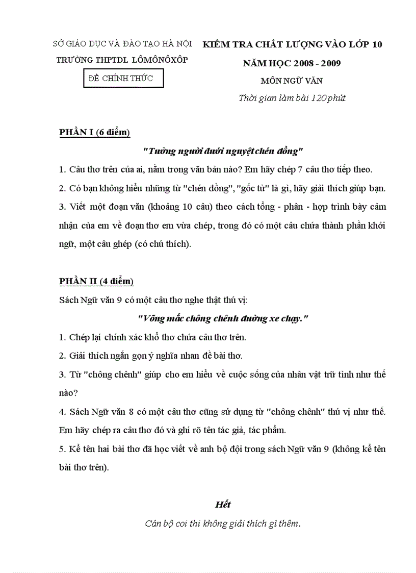 Đề thi kiểm tra chất lượng vào lớp 10 môn Ngữ Văn THPTDL Lômônôxốp Hà Nội 2008 2009