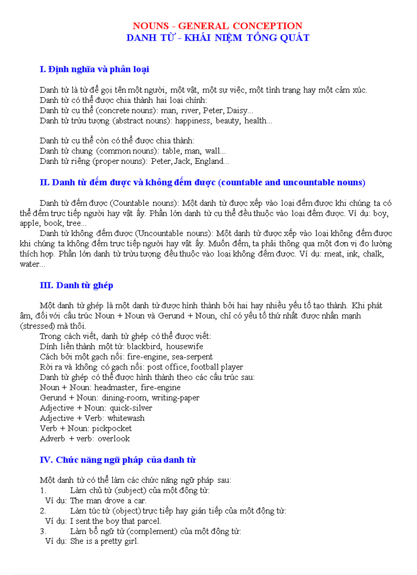 Nouns General conception Danh từ Khái niệm tổng quát