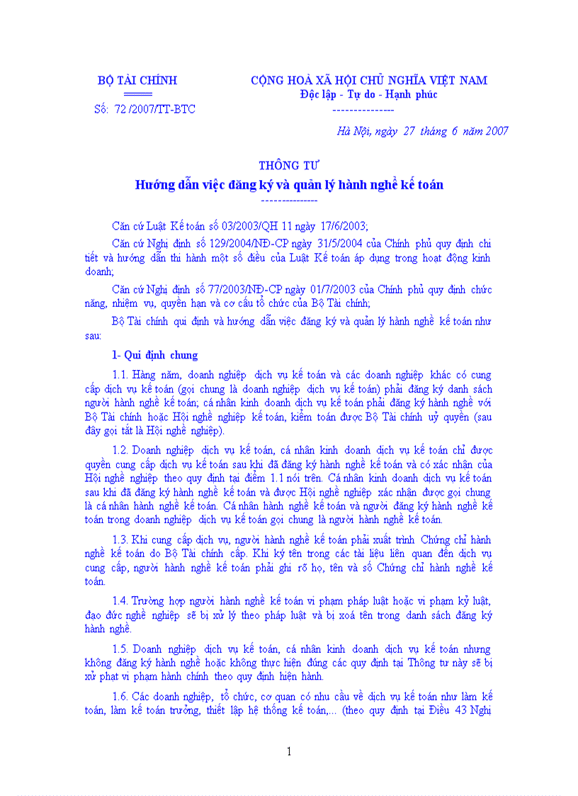 THÔNG TƯ Hướng dẫn việc đăng ký và quản lý hành nghề kế toán