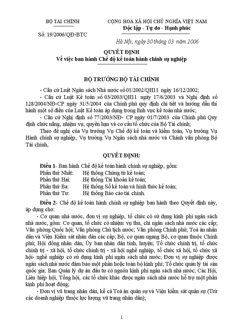 QĐ 19 2006 QĐ BTC chế độ kế toán hành chính sự nghiệp