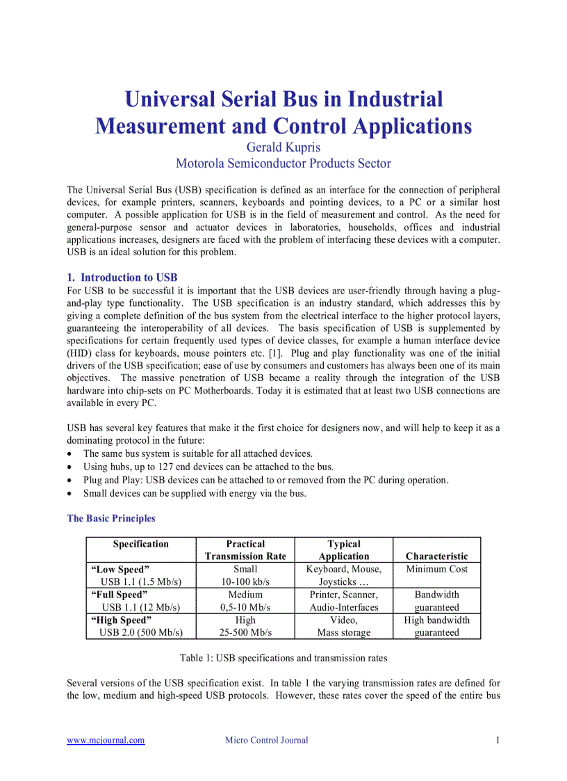 Universal Serial Bus in Industrial Measurement and Control Applications