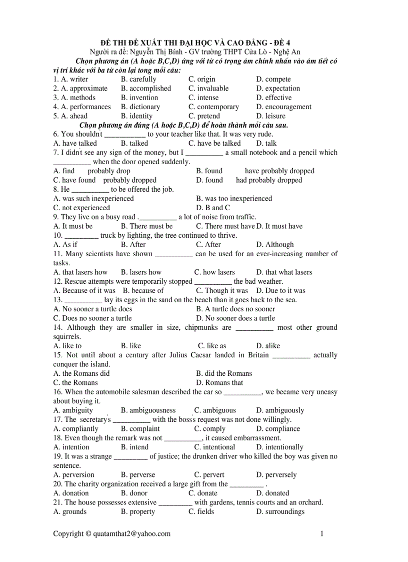 Đề Thi Đề Xuất DHCĐ Môn Tiếng Anh THPT Cửa Lò 004