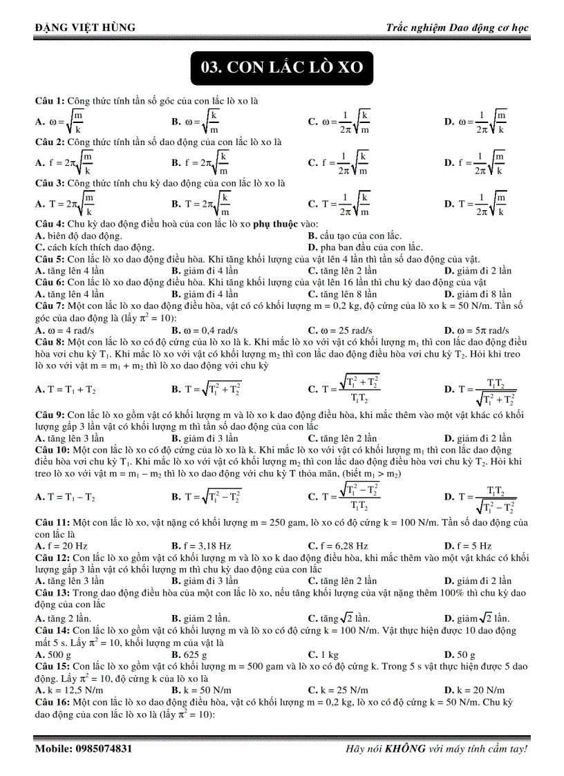 TRẮC NGHIỆM TỔNG HƠP CON LẮC LÒ XO Đặng Việt Hùng