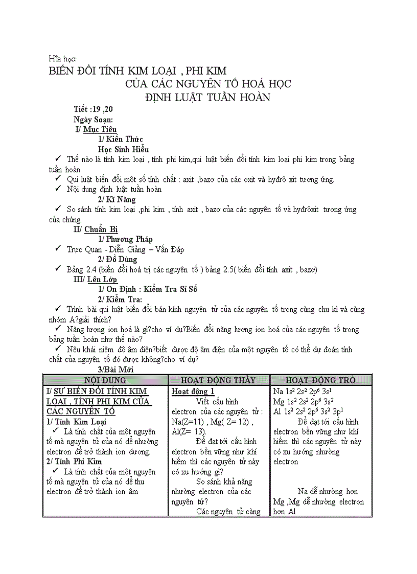 Hóa học BIẾN ĐỔI TÍNH KIM LOẠI PHI KIM CỦA CÁC NGUYÊN TỐ HOÁ HỌC ĐỊNH LUẬT TUẦN HOÀN