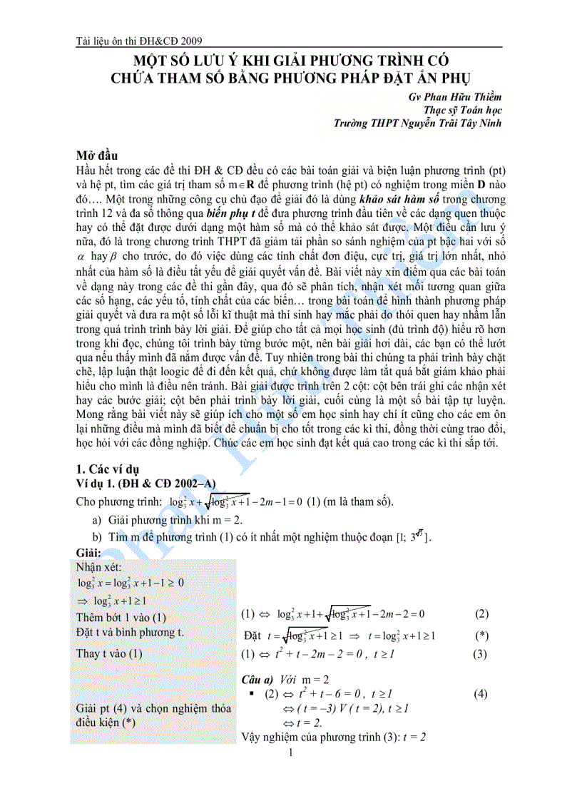 Một Số Chú Ý Khi Giải Phương Trình Có Chứa Tham Số Bằng Phương Pháp Đặt Ẩn Phụ Thầy Phan