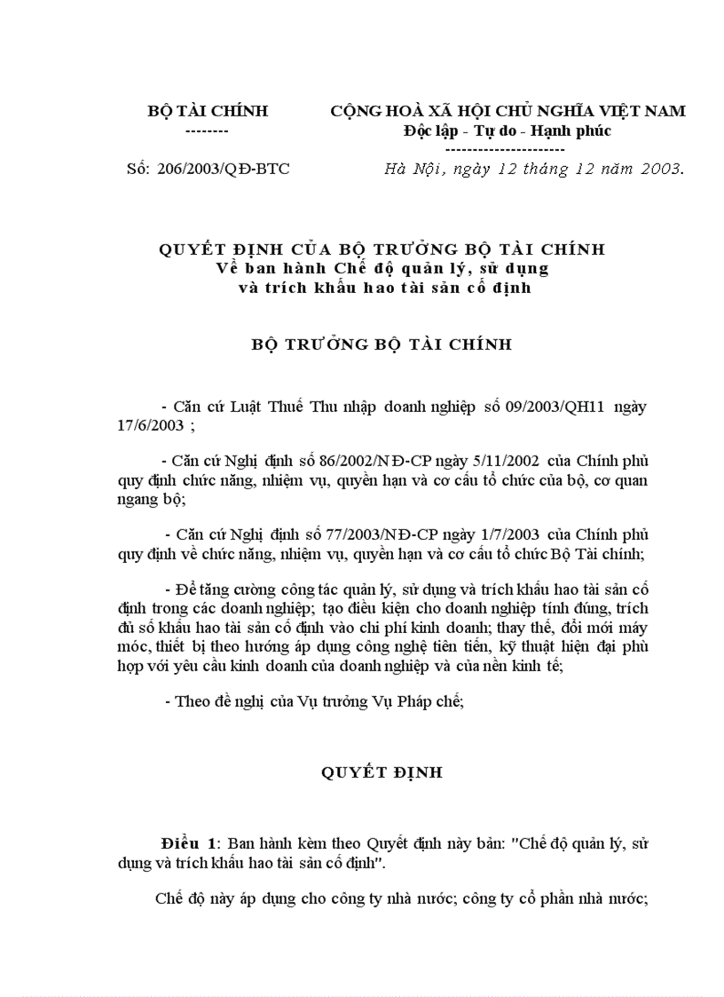 Quyết định 206 về ban hành Chế độ quản lý sử dụng và trích khấu hao tài sản cố định