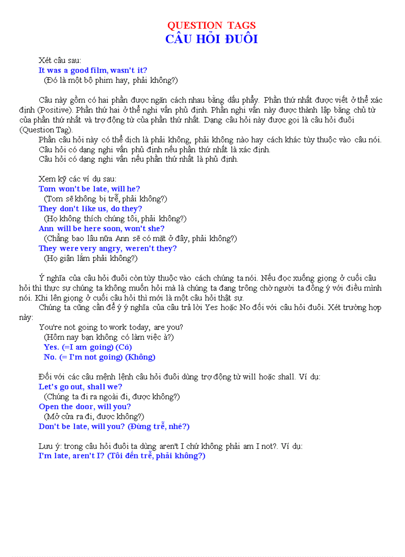 Question tags câu hỏi đuôi