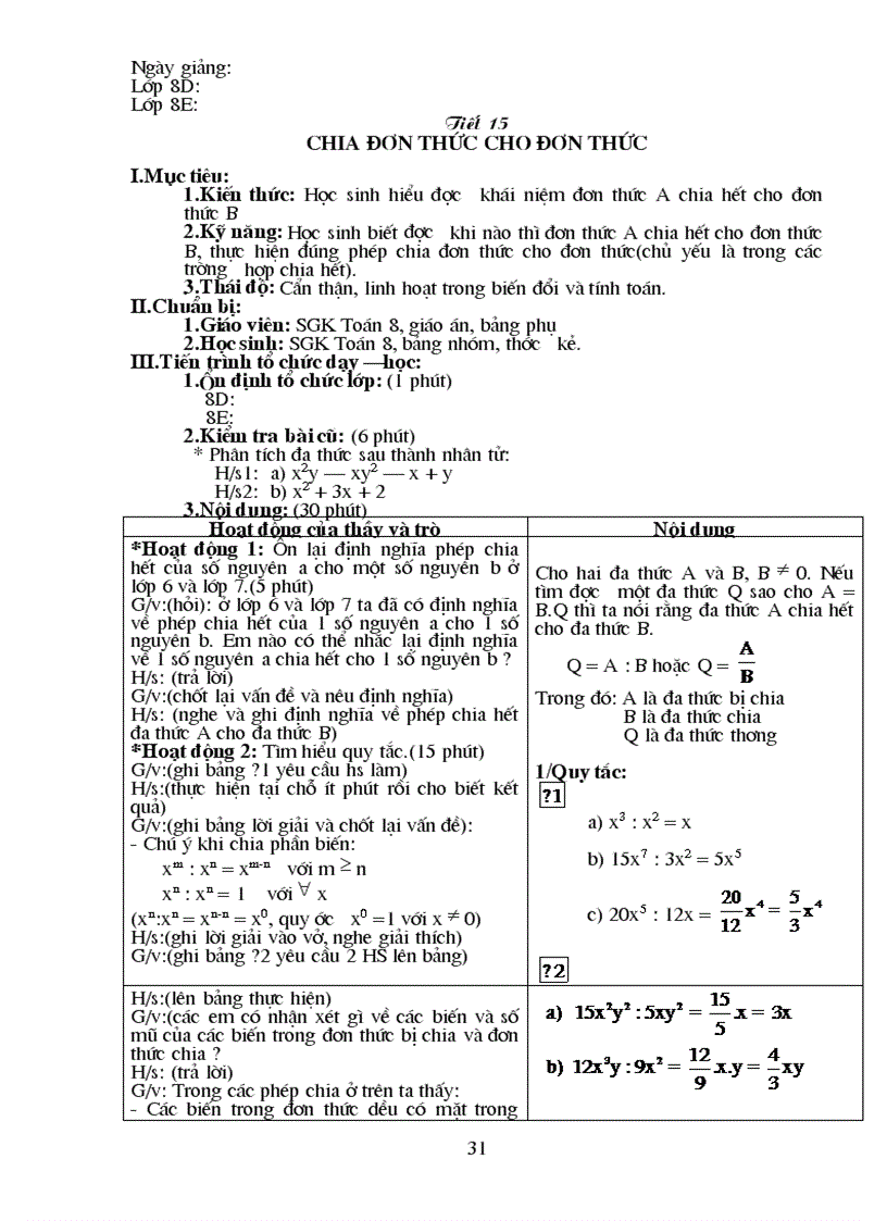 Giáo án Đại số lớp 8 tiết 15