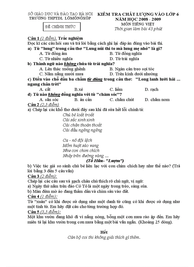 Đề thi kiểm tra chất lượng vào lớp 6 môn Tiếng Việt THPTDL Lômônôxốp Hà Nội 2008 2009
