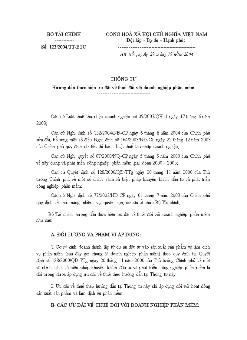 Thông tư 123 2004 TT BTC Hướng dẫn thực hiện ưu đãi về thuế đối với doanh nghiệp phần mềm