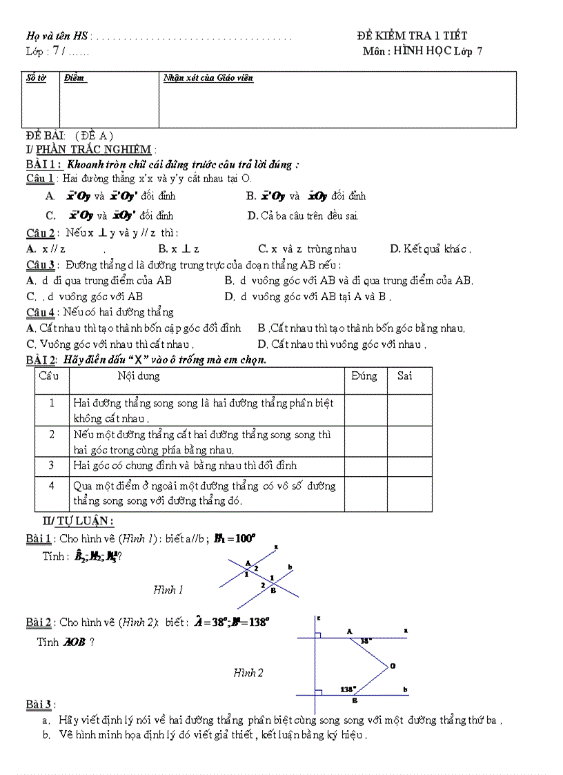 Đề kiểm tra 1 tiết Hình học 7 THCS Nguyễn Chí Thanh Đà Nẵng 2007 2008