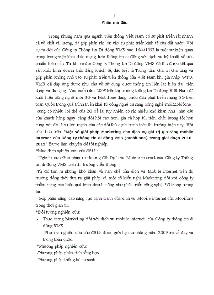 Một số giải pháp Marketing cho dịch vụ giá trị gia tăng mobile internet của Công ty thông tin di động VMS mobiFone trong giai đoạn 2010 2012