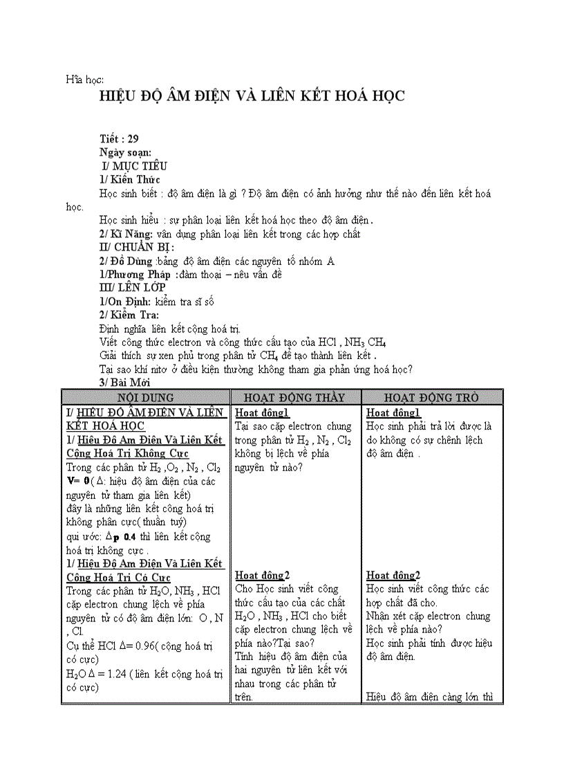 Hóa học HIỆU ĐỘ ÂM ĐIỆN VÀ LIÊN KẾT HOÁ HỌC