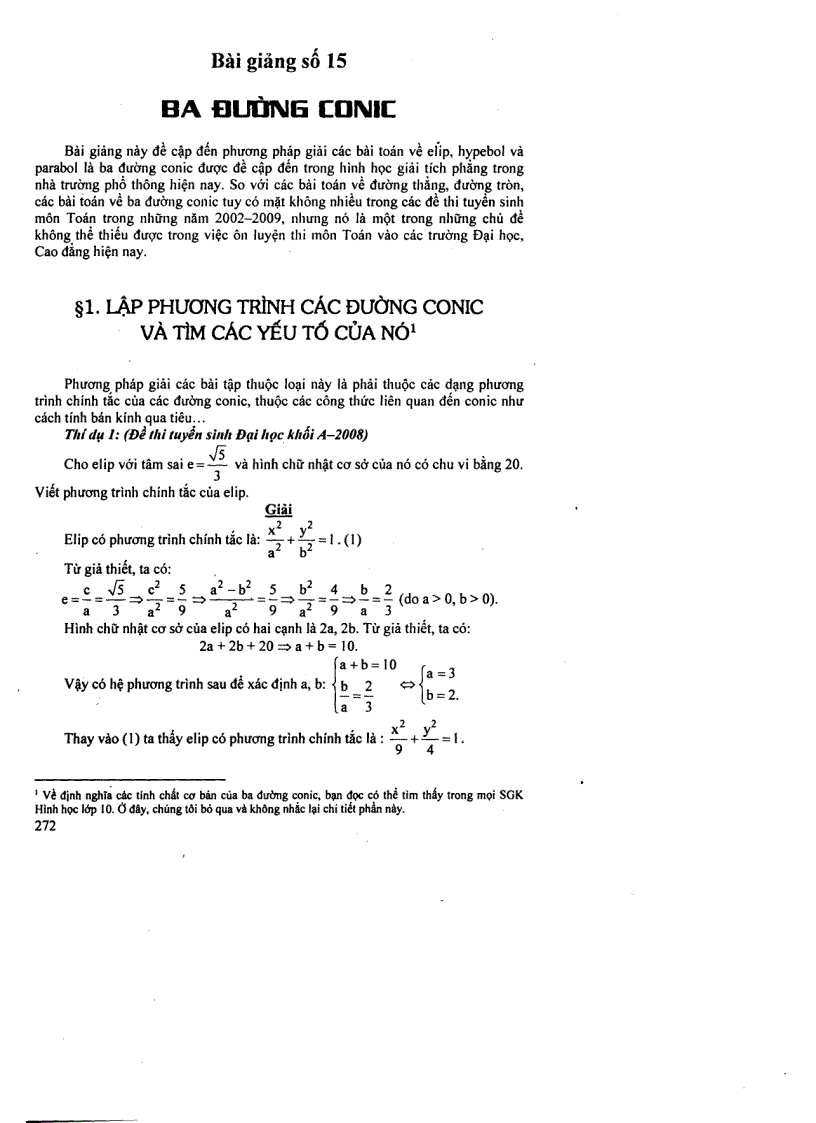 Bài giảng về ba đường conic ôn thi đại học môn toán
