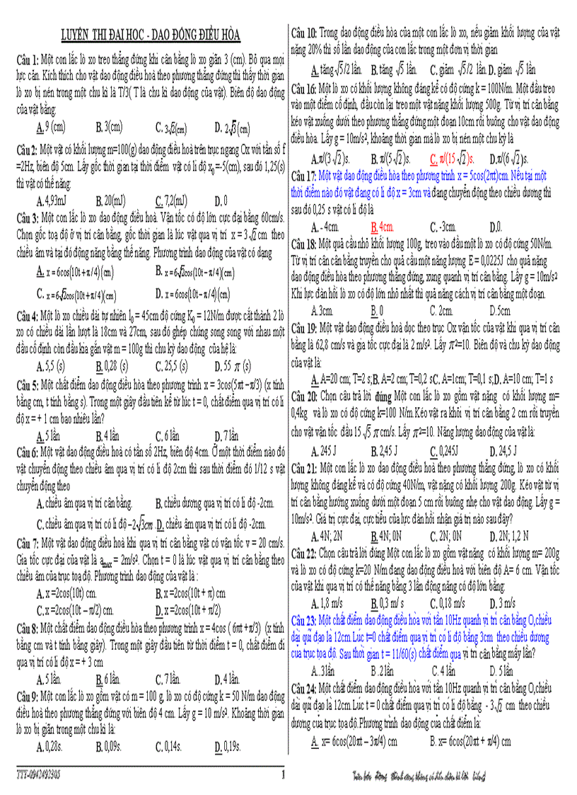 Luyện thi đại học trắc nghiệm dao động điều hòa