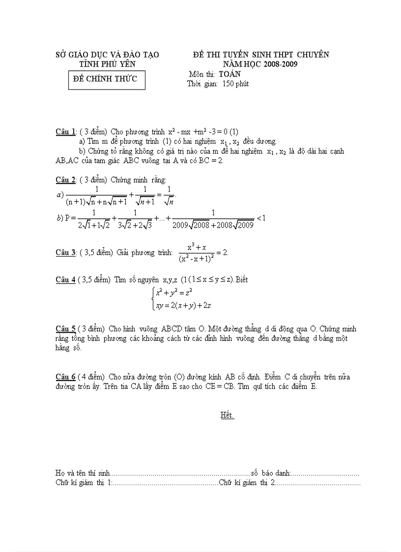 Đề thi tuyển sinh THPT chuyên Lương Văn Chánh môn Toán Phú Yên 2008 2009
