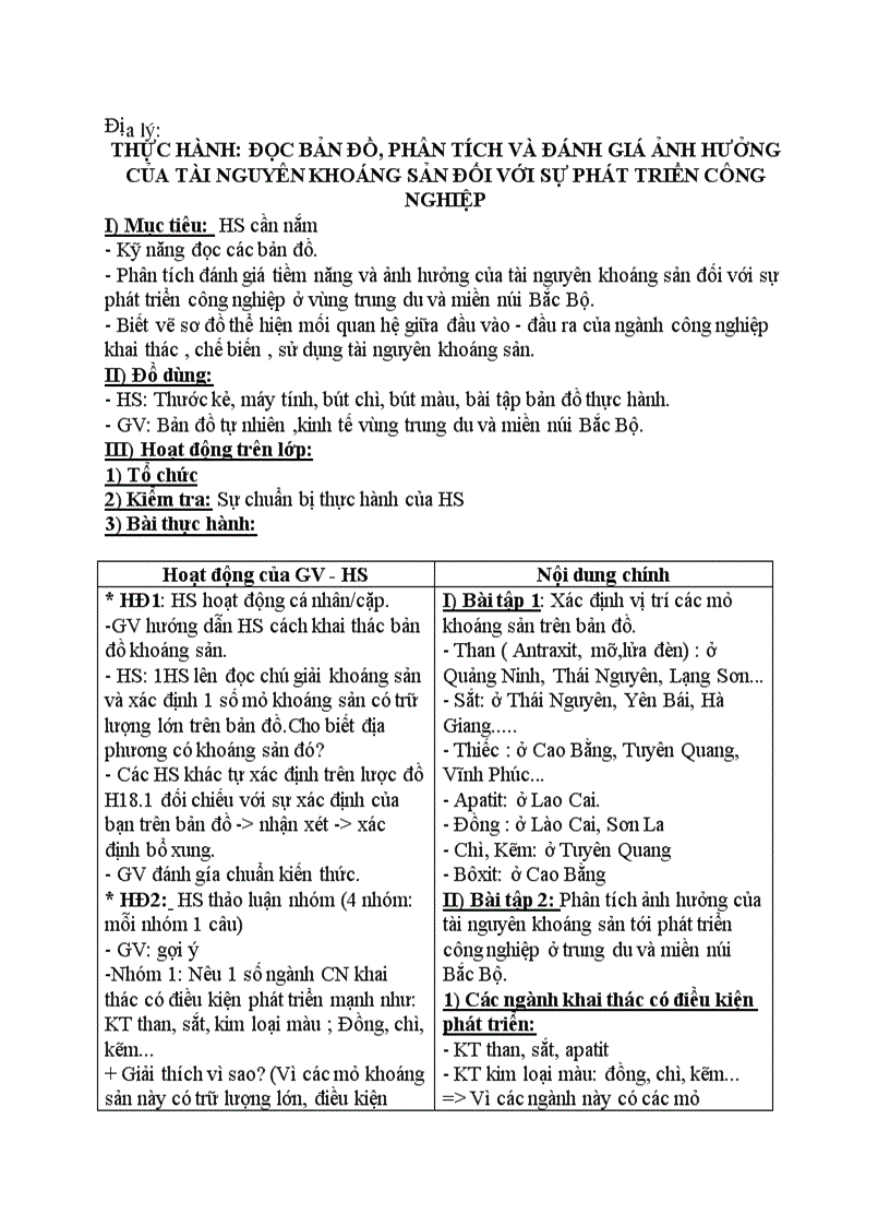 Địa lý THỰC HÀNH ĐỌC BẢN ĐỒ PHÂN TÍCH VÀ ĐÁNH GIÁ ẢNH HƯỞNG CỦA TÀI NGUYÊN KHOÁNG SẢN ĐỐI VỚI SỰ PHÁT TRIỂN CÔNG NGHIỆP