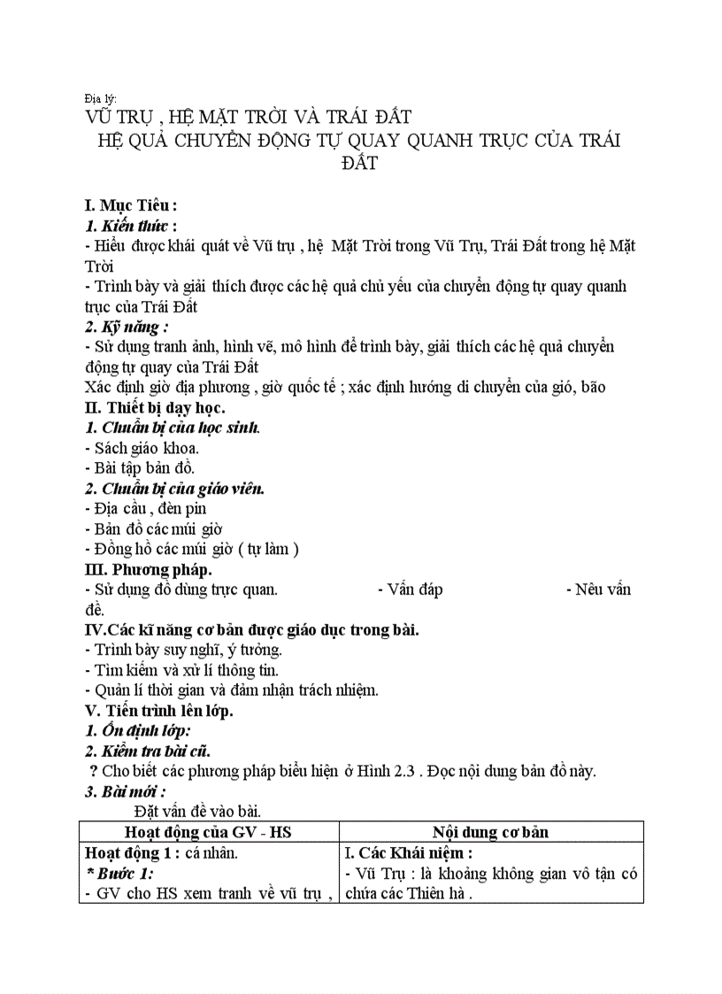 Địa lý VŨ TRỤ HỆ MẶT TRỜI VÀ TRÁI ĐẤT HỆ QUẢ CHUYỂN ĐỘNG TỰ QUAY QUANH TRỤC CỦA TRÁI ĐẤT