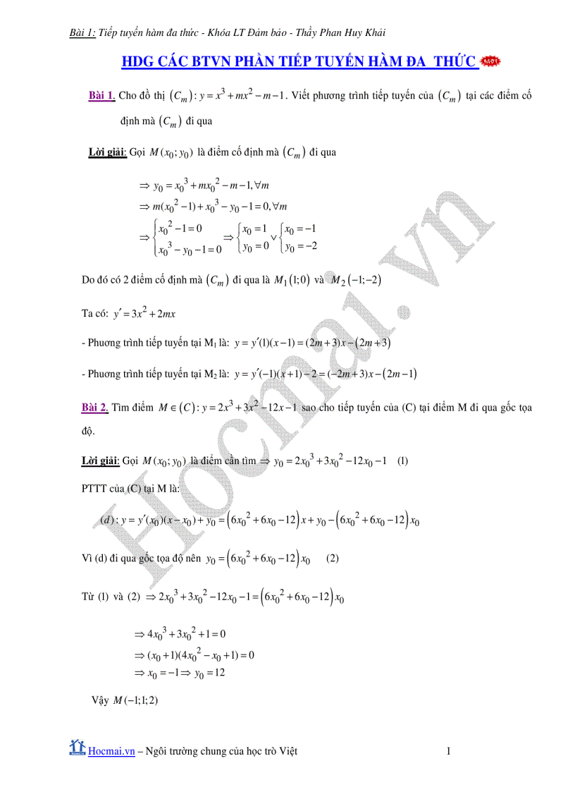 Đề thi đáp án Tiếp tuyến hàm số đa thức 1