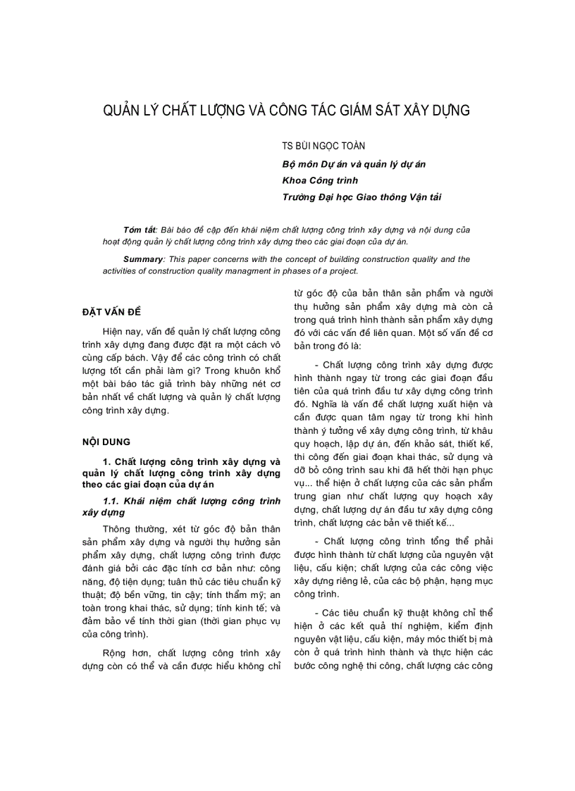 Báo cáo khoa học quản lý chất lượng và công tác giám sát xây dựng ts bùi ngọc toàn