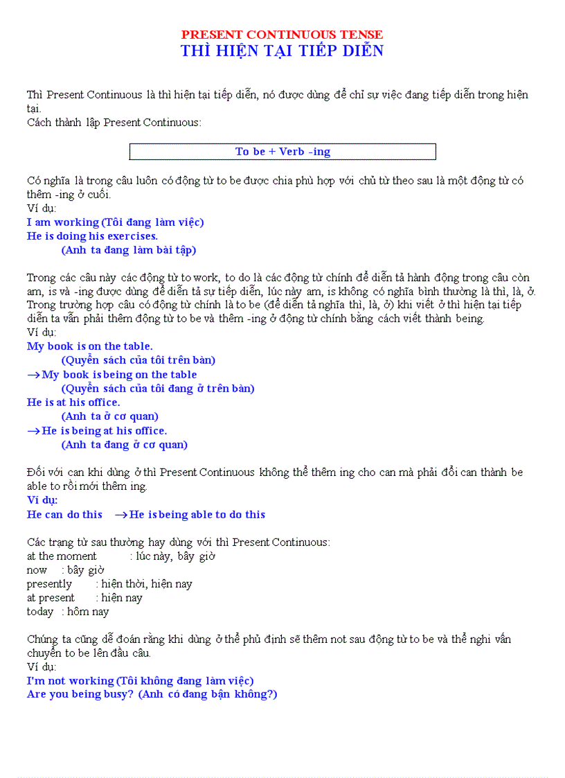 Present continuous tense thì hiện tại tiếp diễn