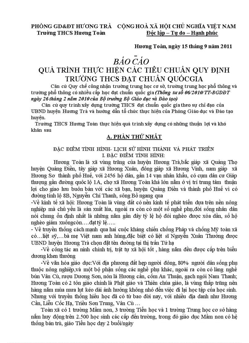 Báo cáo quá trình thực hiện các tiêu chuẩn quy định trường thcs đạt chuẩn quốcgia
