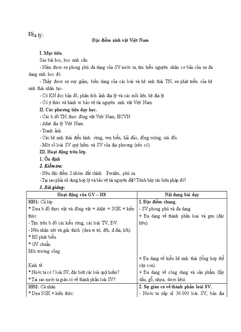 Địa lý Đặc điểm sinh vật Việt Nam