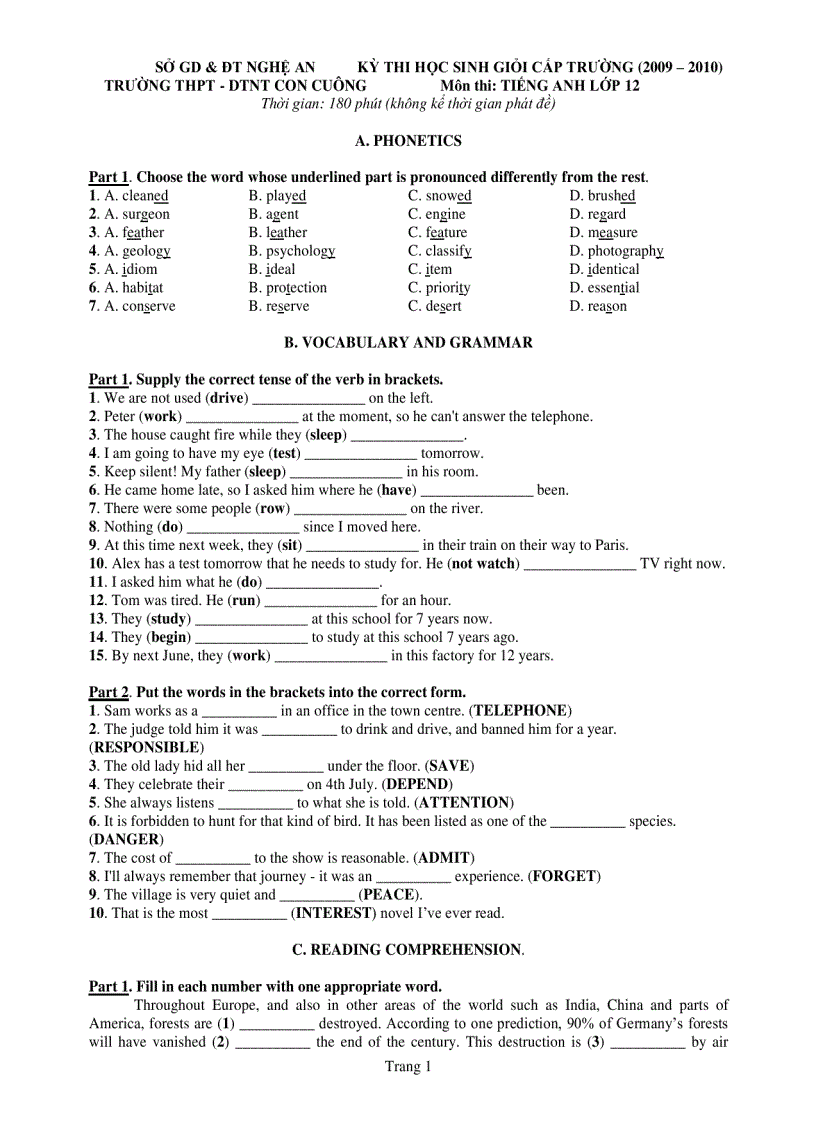 Đề Thi HSG Tiếng Anh 12 THPT Con Cuông 2009 2010