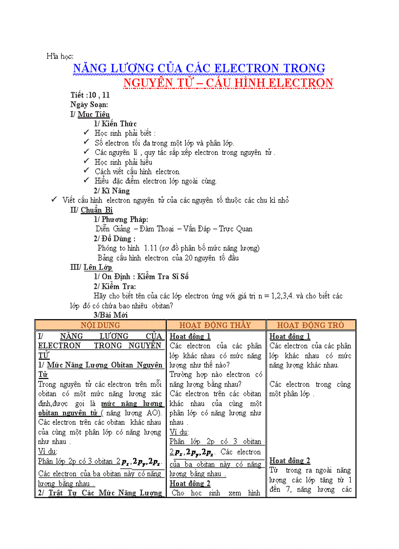 Hóa học NĂNG LƯỢNG CỦA CÁC ELECTRON TRONG NGUYÊN TỬ CẤU HÌNH ELECTRON