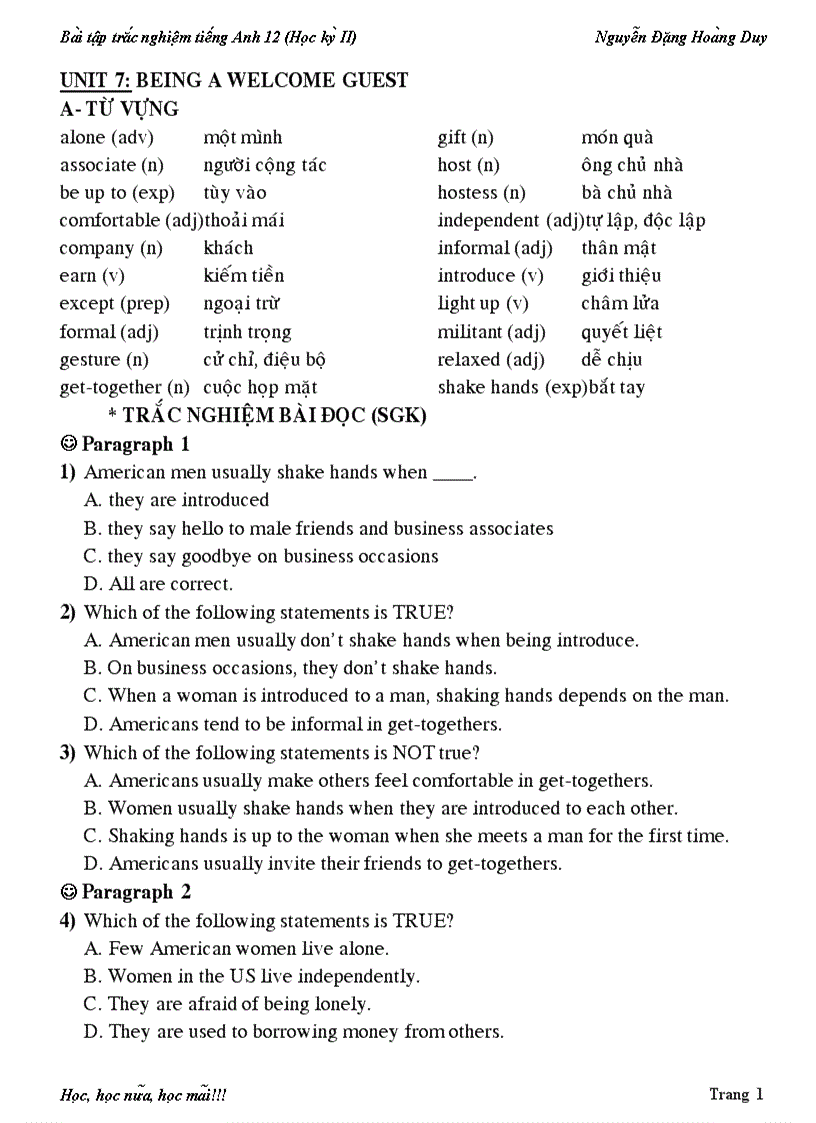 Bài tập tiếng anh 12 học kỳ 2