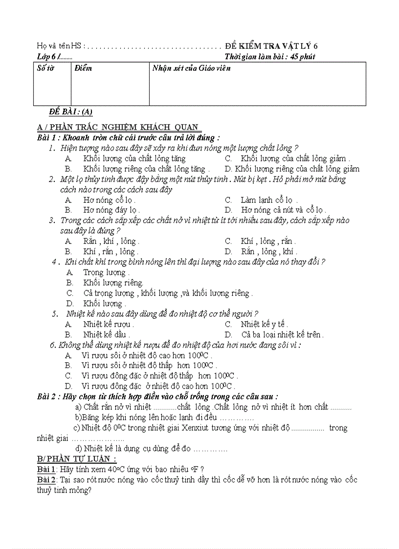 Đề kiểm tra 1 tiết môn Vật Lý lớp 6 THCS Nguyễn Du Phú Yên 2009 2010