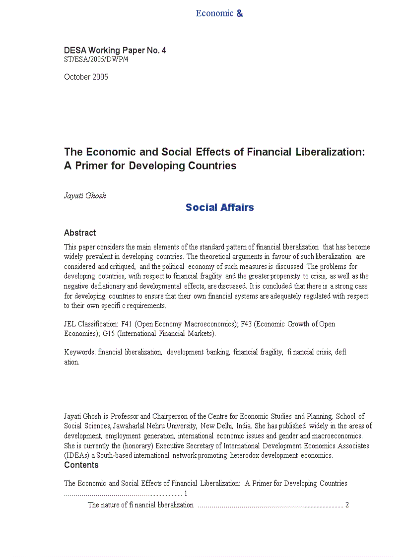 The Economic and Social Effects of Financial Liberalization A Primer for Developing Countries