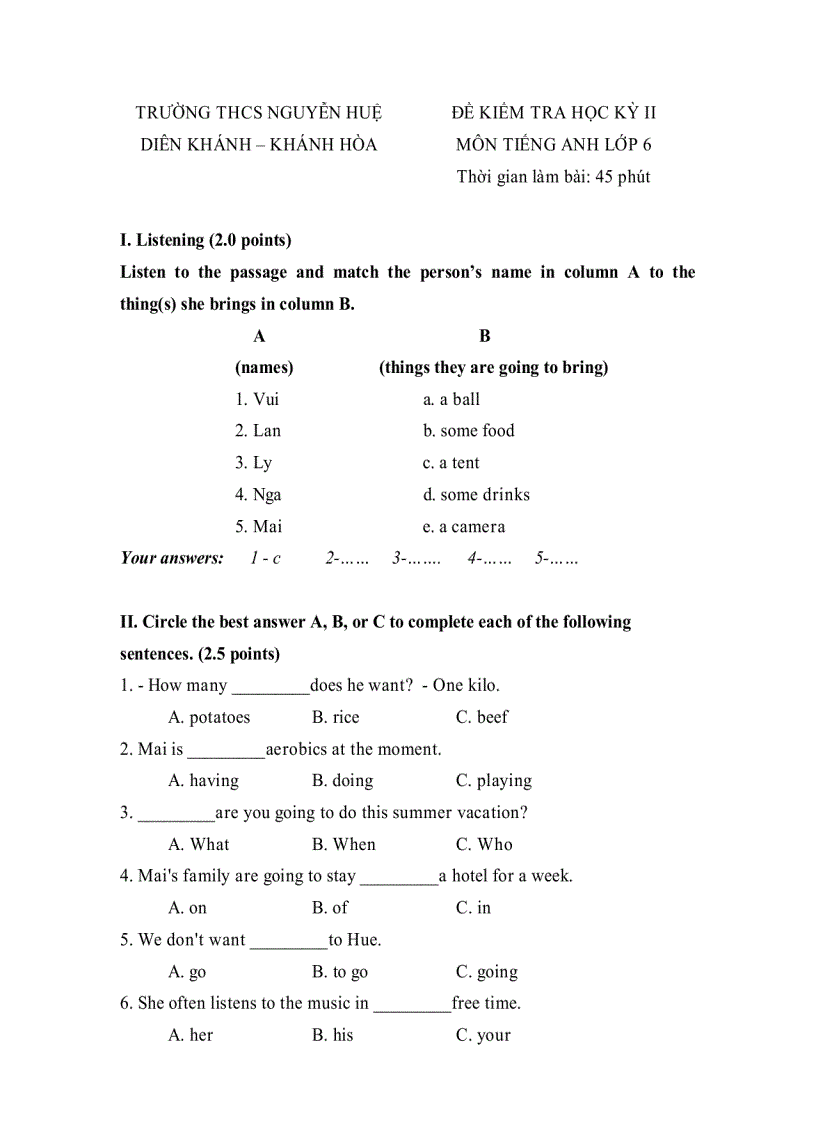 Đề thi học kỳ II Tiếng Anh 6 đề số 5