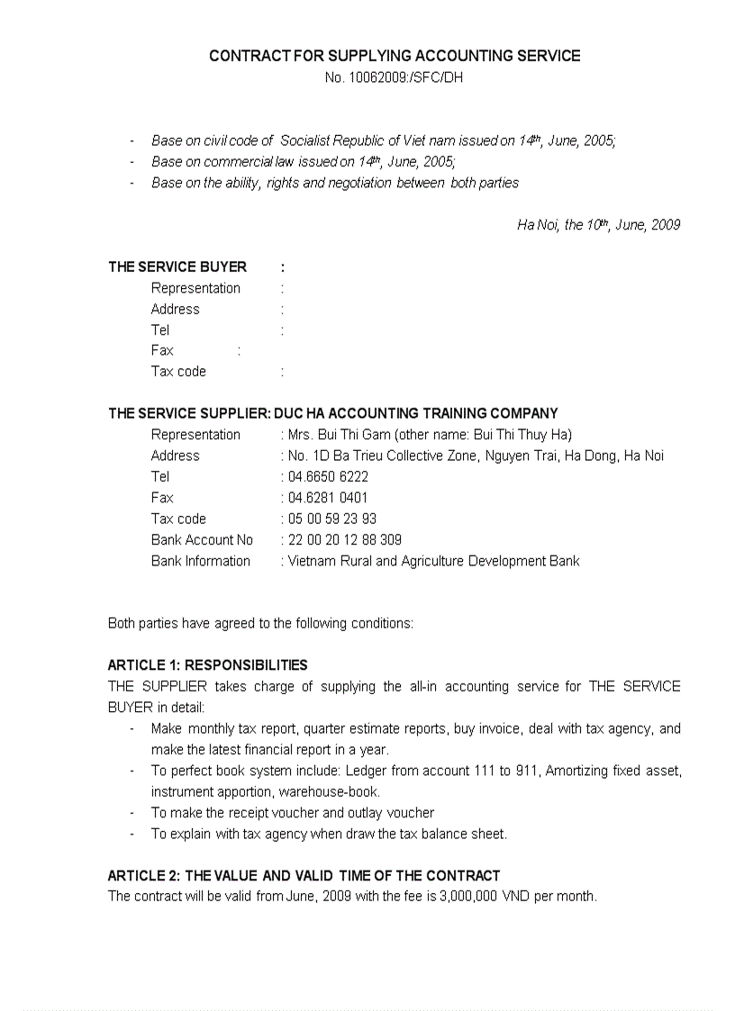 Kế toán Mẫu hợp đồng và báo giá bằng Tiếng Anh