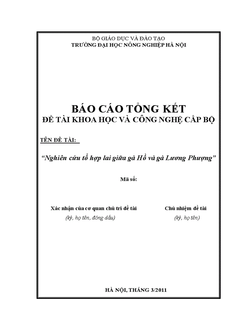 Nghiên cứu tổ hợp lai giữa gà Hồ và gà Lương Phượng