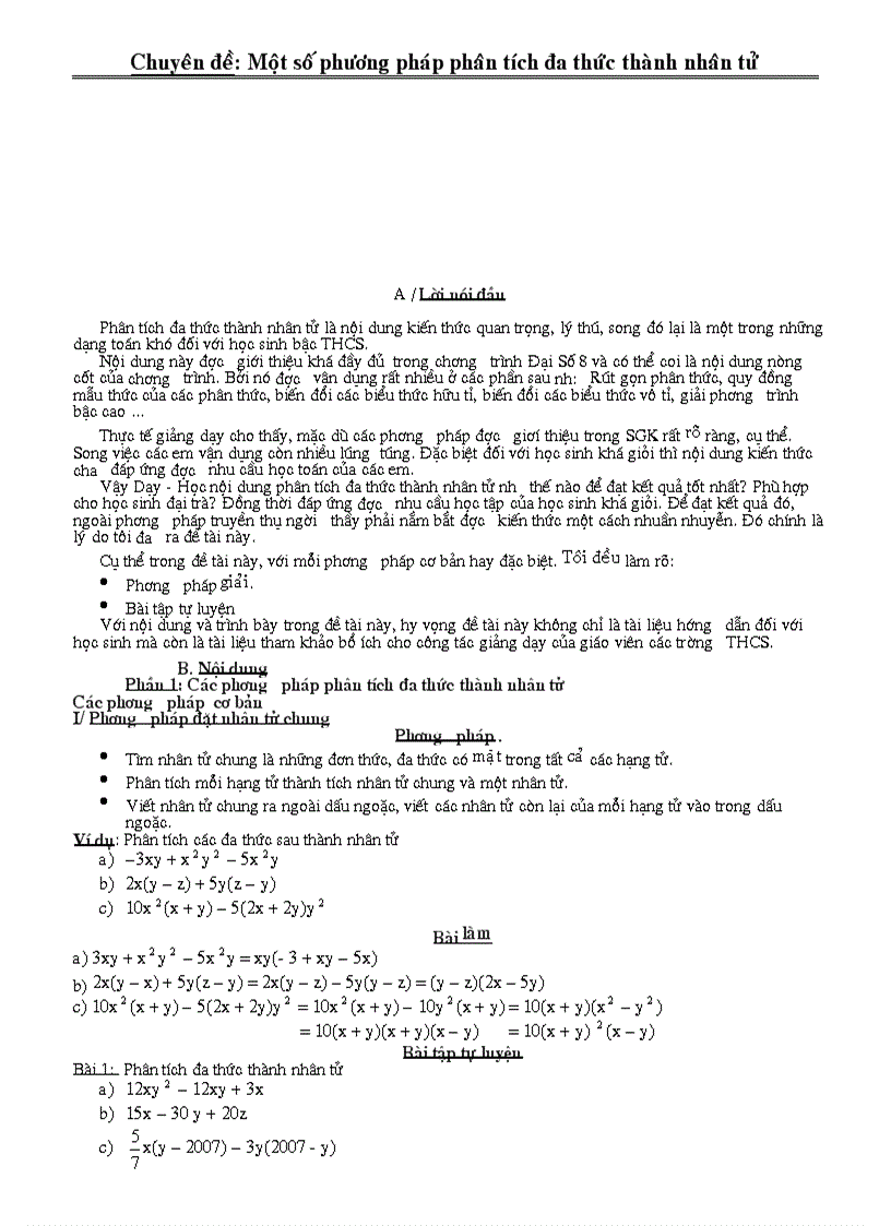 Chuyên đề phân tích đa thức thành nhân tử
