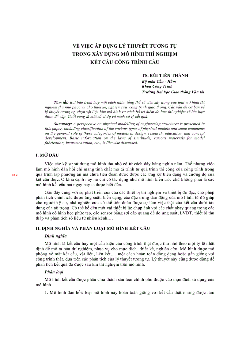 Báo cáo khoa học VỀ VIỆC ÁP DỤNG LÝ THUYẾT TƯƠNG TỰ TRONG XÂY DỰNG MÔ HÌNH THÍ NGHIỆM KẾT CẤU CÔNG TRÌNH CẦU