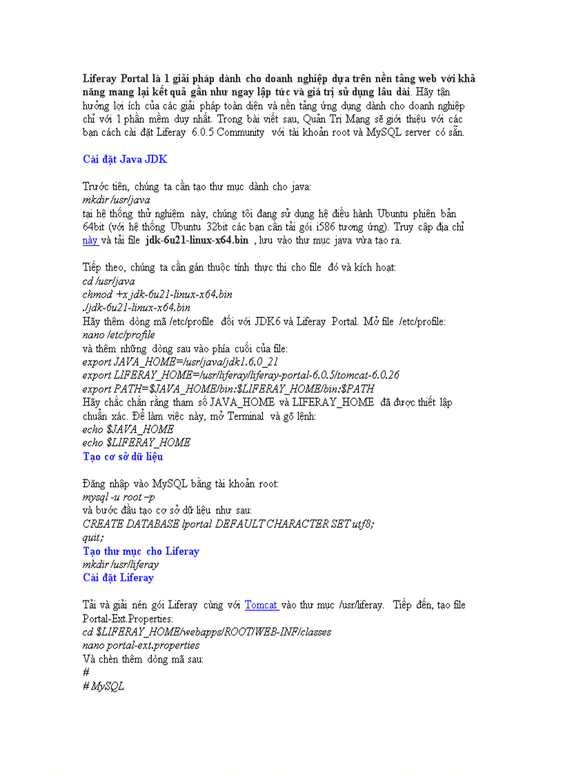 Hướng dẫn cài đặt Liferay 6 0 5 Community với Tomcat trên Ubuntu 10 04