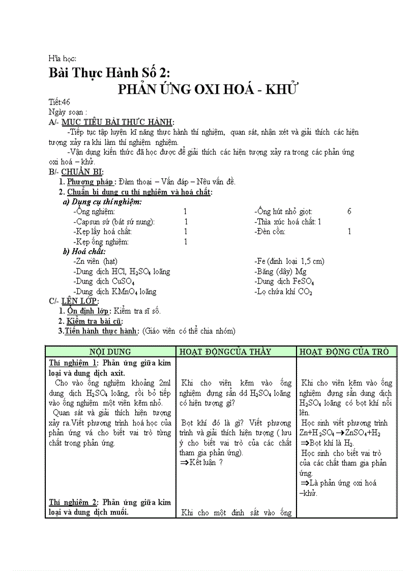 Hóa học Bài Thực Hành Số 2 PHẢN ỨNG OXI HOÁ KHỬ