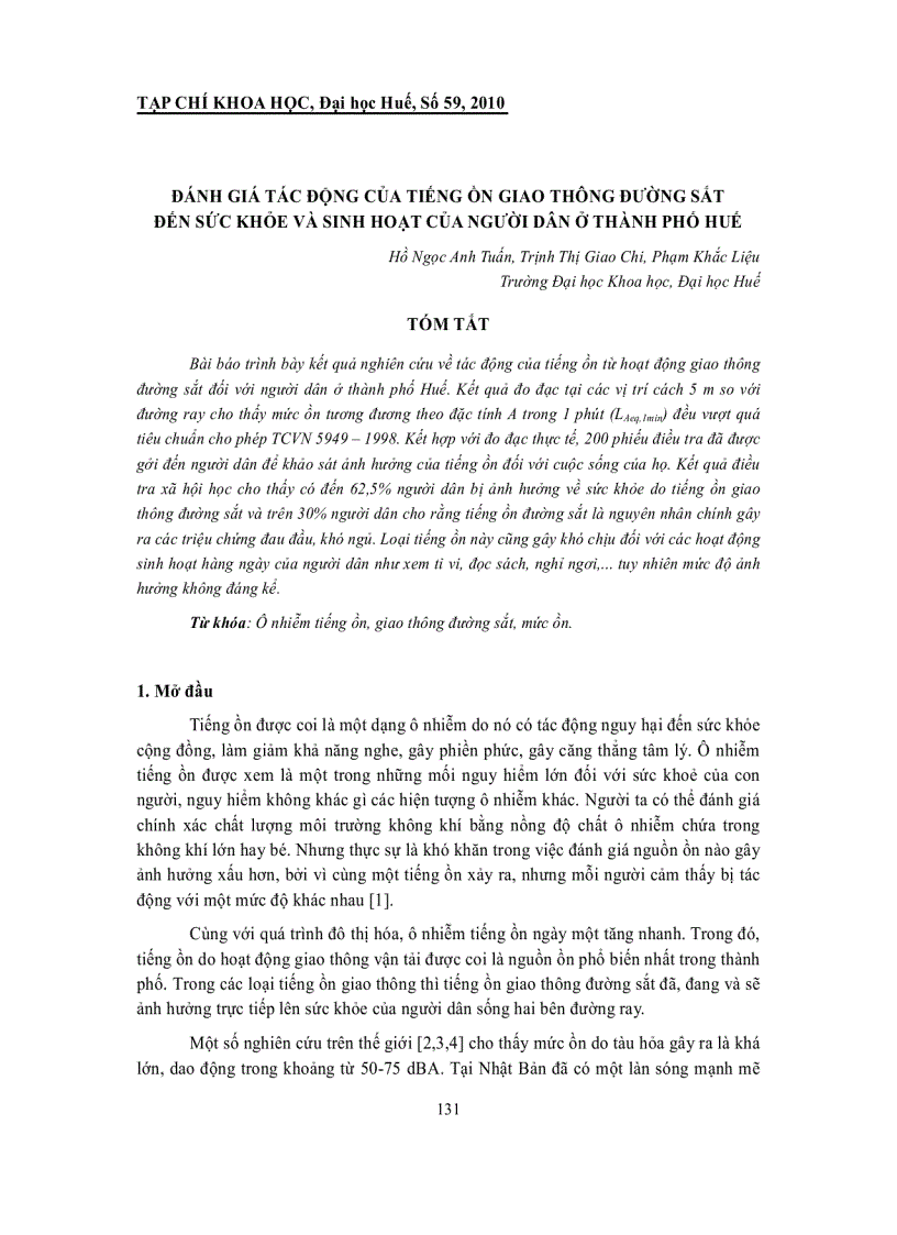 Báo cáo nghiên cứu khoa học ĐÁNH GIÁ TÁC ĐỘNG CỦA TIẾNG ỒN GIAO THÔNG ĐƯỜNG SẮT ĐẾN