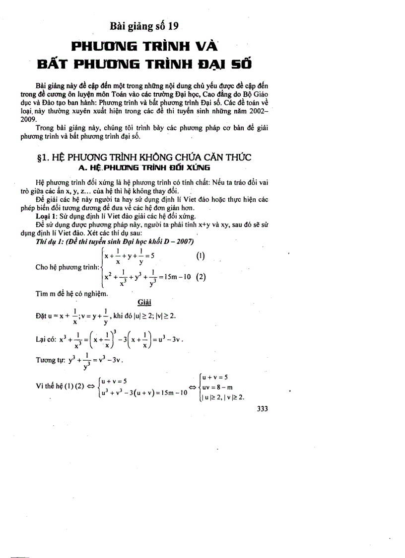 Bài giảng về phương trình bất phương trình đại số ôn thi đại học môn toán