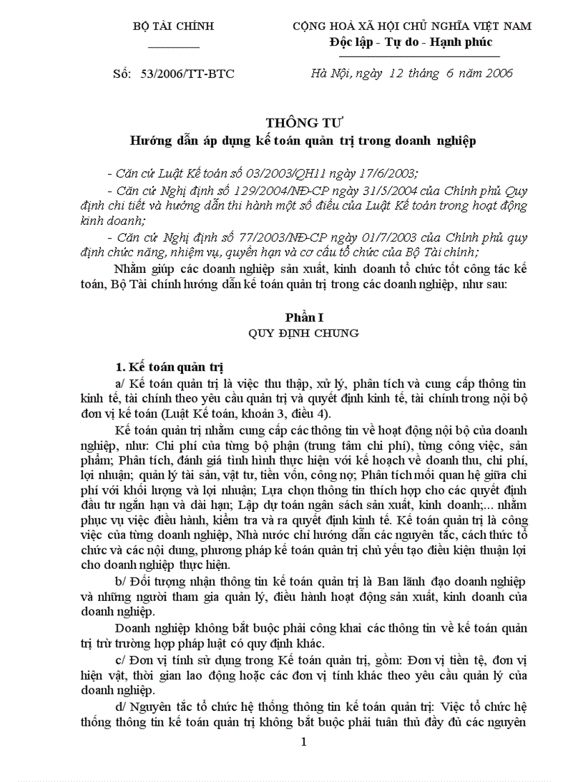 Thông tư số 53 hướng dẫn áp dụng kế toán quản trị trong Doanh nghiệp