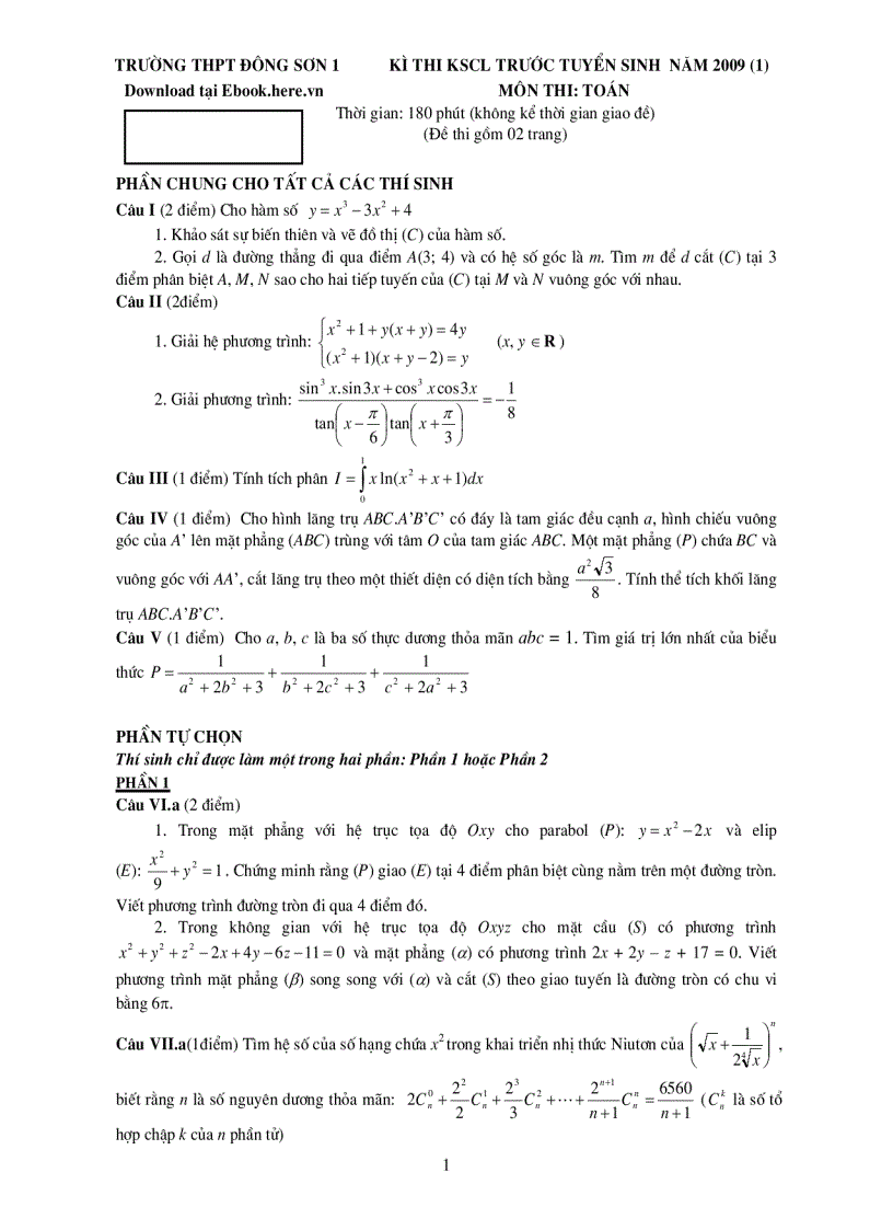 Thi thử ĐH khối Toán 1 THPT Đông Sơn 08 09