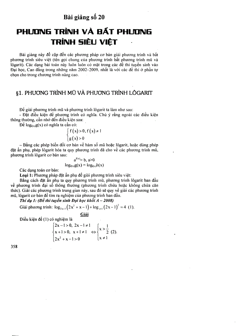 Bài giảng về phương trình bất phương trình siêu việt ôn thi đại học môn toán