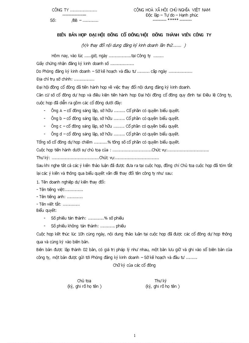 Biên bản họp về việc thay đổi tên công ty