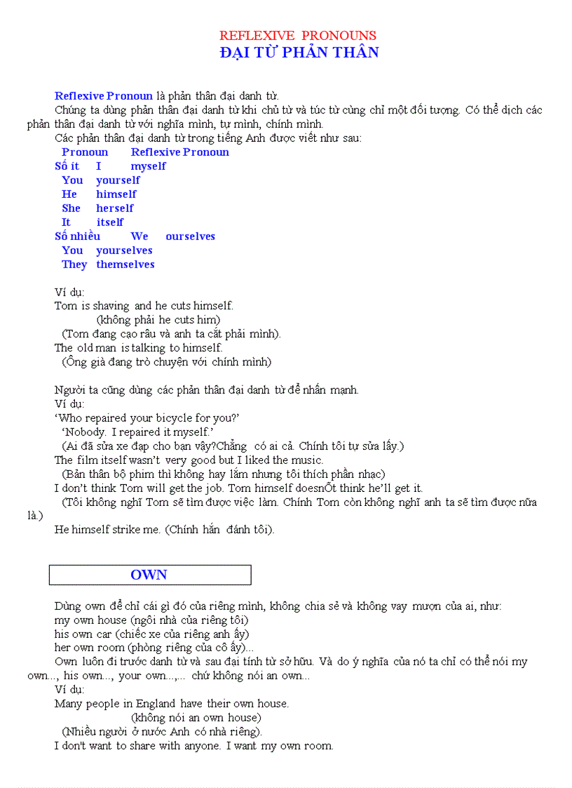 Reflexive pronouns đại từ phản thân