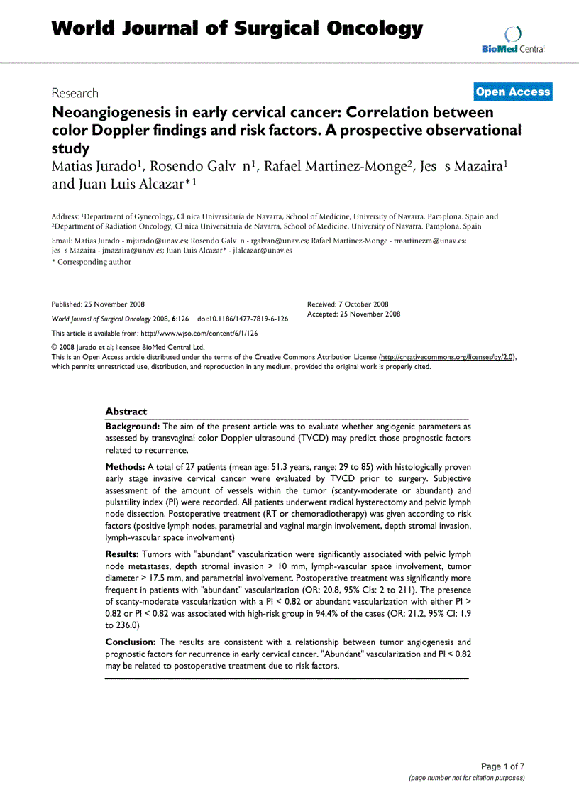 Neoangiogenesis in early cervical cancer Correlation between color Doppler findings and risk factors A prospective observational study