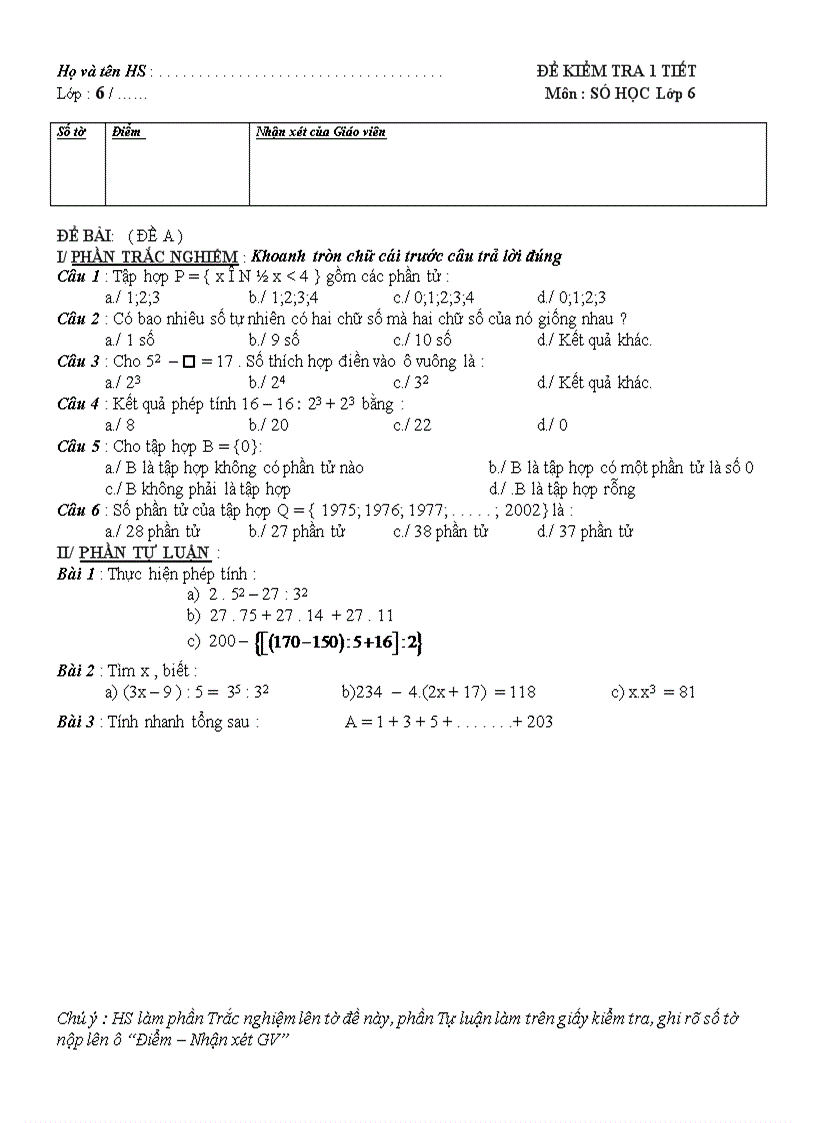 Đề kiểm tra 1 tiết môn Số học 6 THCS Nguyễn Du Pleiku Gia Lai 2008