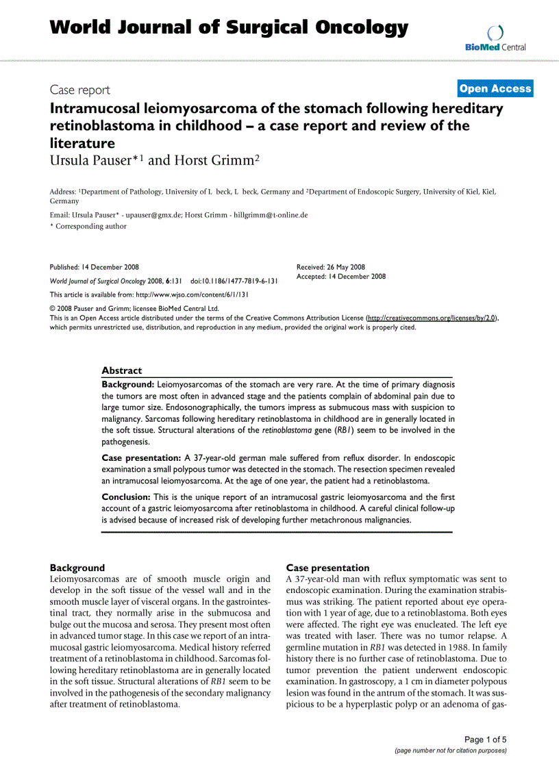 Intramucosal leiomyosarcoma of the stomach following hereditary retinoblastoma in childhood a case report and review of the literature