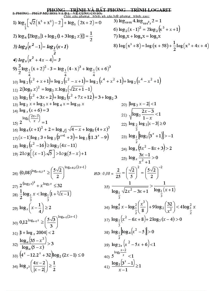 Tuyển tập các bài tập phương trình và bất phương trình Logarit qua các đề thi ĐH
